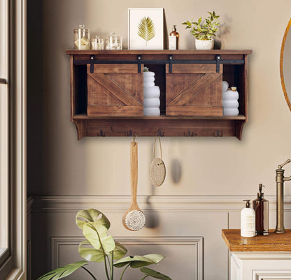 40" Brown Wood Five Hook Shelf With Barn Door Storage