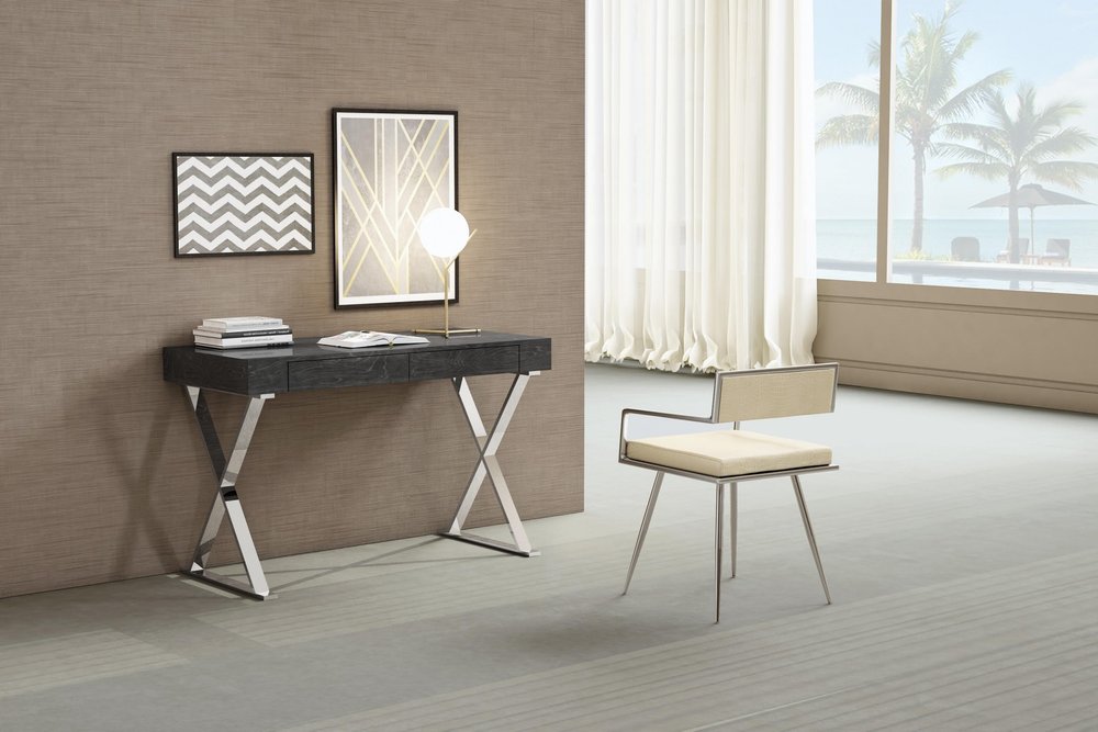 47" Gray and Silver Wood and Stainless Steel Mirrored X-Shape Writing Desk With Two Drawers