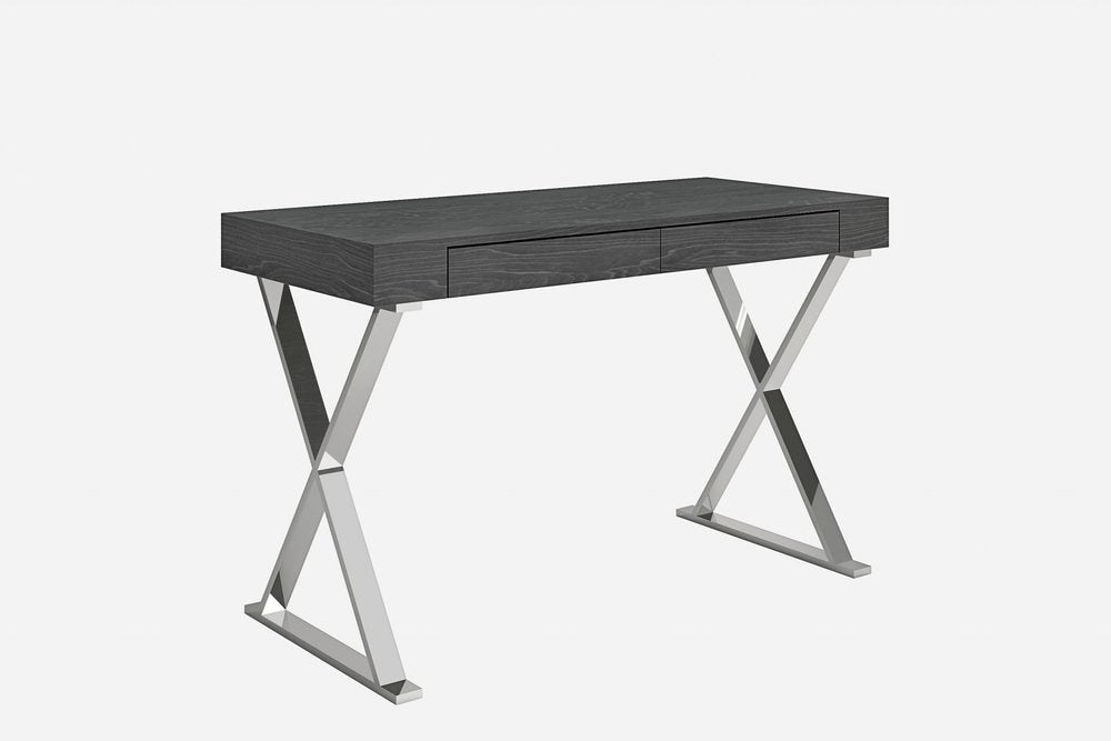 47" Gray and Silver Wood and Stainless Steel Mirrored X-Shape Writing Desk With Two Drawers