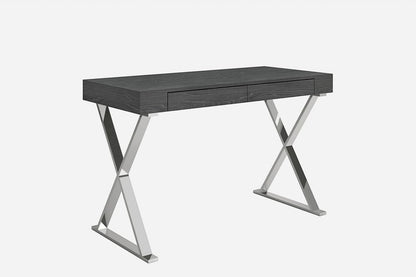 47" Gray and Silver Wood and Stainless Steel Mirrored X-Shape Writing Desk With Two Drawers