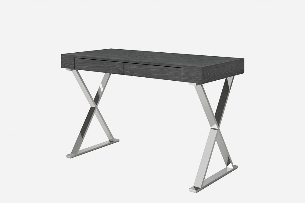 47" Gray and Silver Wood and Stainless Steel Mirrored X-Shape Writing Desk With Two Drawers