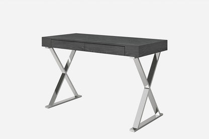 47" Gray and Silver Wood and Stainless Steel Mirrored X-Shape Writing Desk With Two Drawers