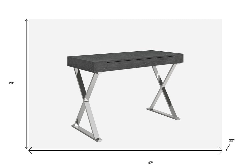 47" Gray and Silver Wood and Stainless Steel Mirrored X-Shape Writing Desk With Two Drawers