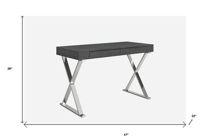 47" Gray and Silver Wood and Stainless Steel Mirrored X-Shape Writing Desk With Two Drawers