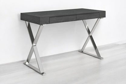 47" Gray and Silver Wood and Stainless Steel Mirrored X-Shape Writing Desk With Two Drawers