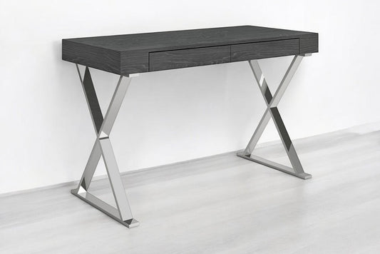 47" Gray and Silver Wood and Stainless Steel Mirrored X-Shape Writing Desk With Two Drawers