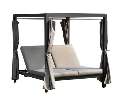 Cama de día ajustable de acero para exteriores, de metal gris, de 417,8 x 180,5 x 21,5 cm, con dosel y cojines color topo