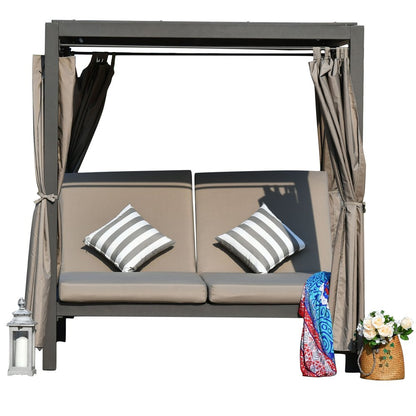 Cama de día ajustable de acero para exteriores, de metal gris, de 417,8 x 180,5 x 21,5 cm, con dosel y cojines color topo