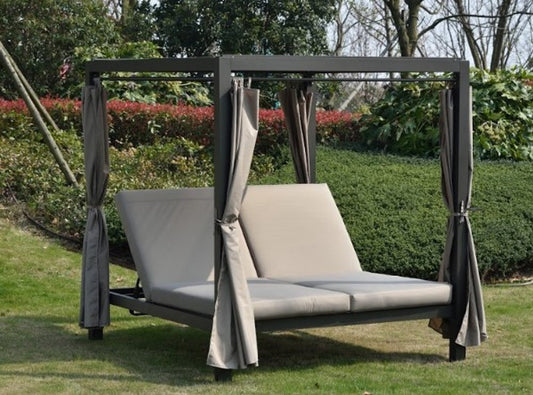 Cama de día ajustable de acero para exteriores, de metal gris, de 417,8 x 180,5 x 21,5 cm, con dosel y cojines color topo