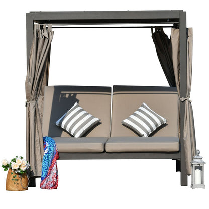 Cama de día ajustable de acero para exteriores, de metal gris, de 417,8 x 180,5 x 21,5 cm, con dosel y cojines color topo