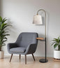 65" Black And Brass Tray Table Floor Lamp With Off White Linen Empire Shade
