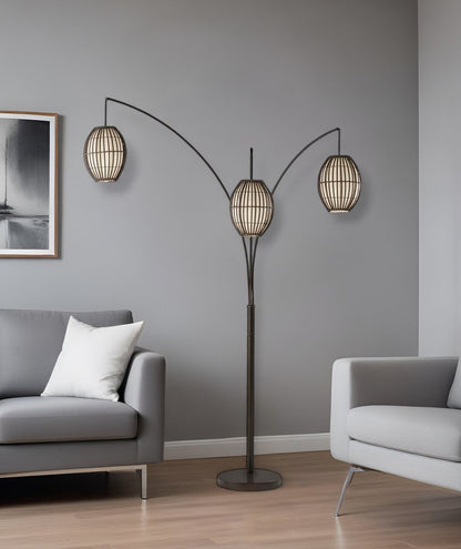 82" Bronze Three Light Tree Floor Lamp With Beige Wicker Cage Shade