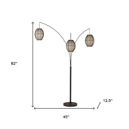 82" Bronze Three Light Tree Floor Lamp With Beige Wicker Cage Shade