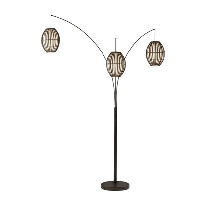 82" Bronze Three Light Tree Floor Lamp With Beige Wicker Cage Shade