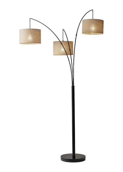 74" Bronze Three Light Tree Floor Lamp With Beige Burlap Drum Shade