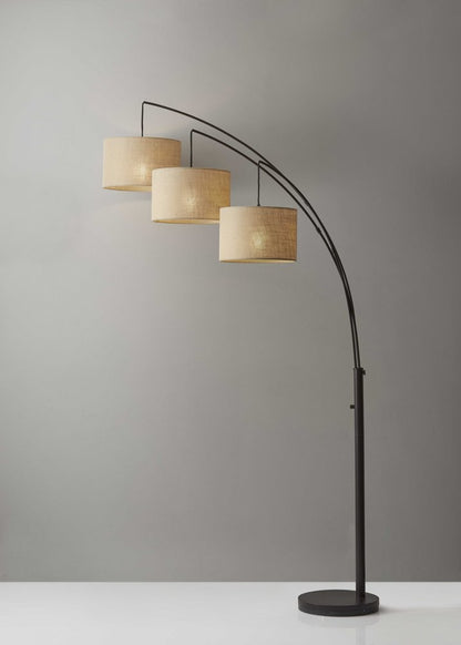 74" Bronze Three Light Tree Floor Lamp With Beige Burlap Drum Shade
