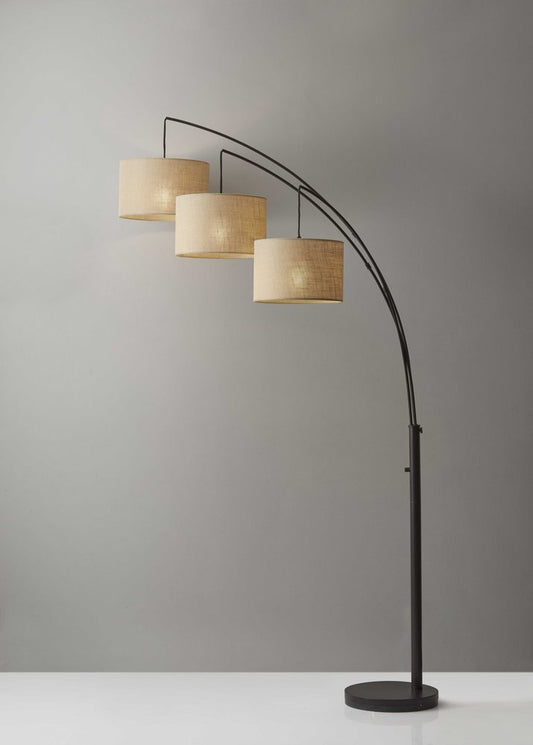 74" Bronze Three Light Tree Floor Lamp With Beige Burlap Drum Shade