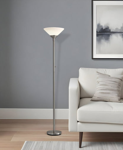 73" Black And White Torchiere Floor Lamp With White Acrylic Cone Shade