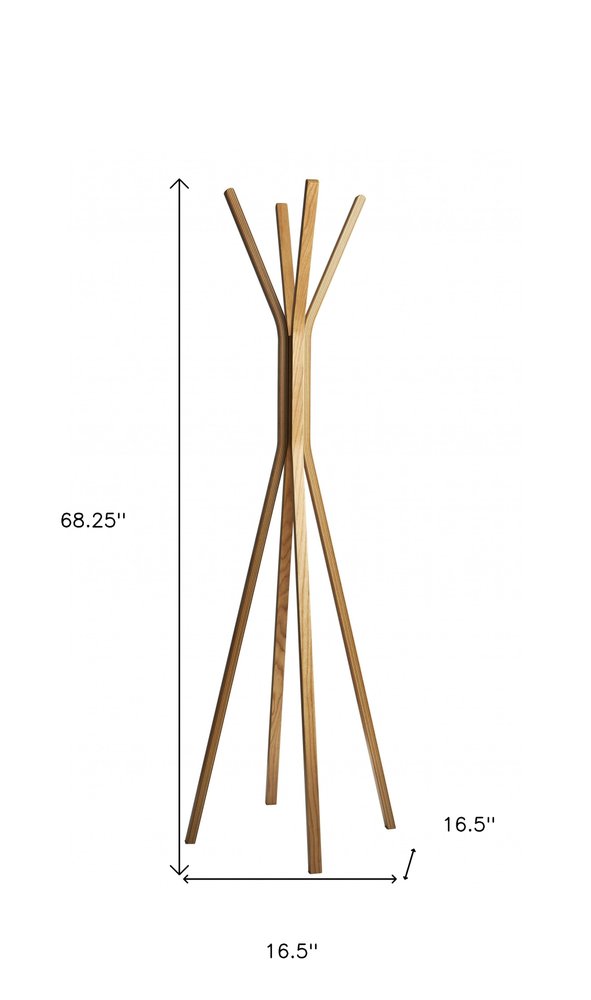Perchero independiente de madera marrón de 68" con cuatro ganchos