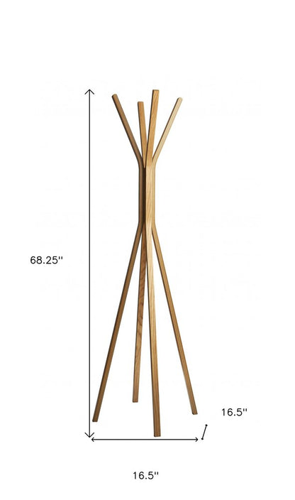 Perchero independiente de madera marrón de 68" con cuatro ganchos