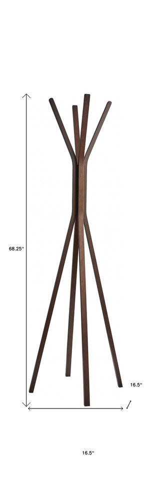 Perchero independiente de madera marrón de 68" con cuatro ganchos