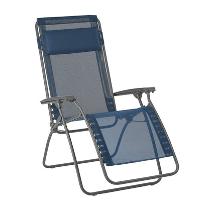 Silla de exterior de gravedad cero de metal azul de 27" con cojín azul