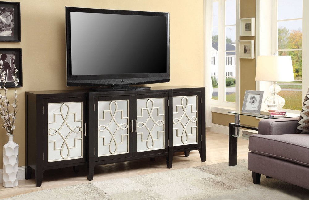 72" Black And Silver Mirrored Solid Wood Distressed Solid Console Table