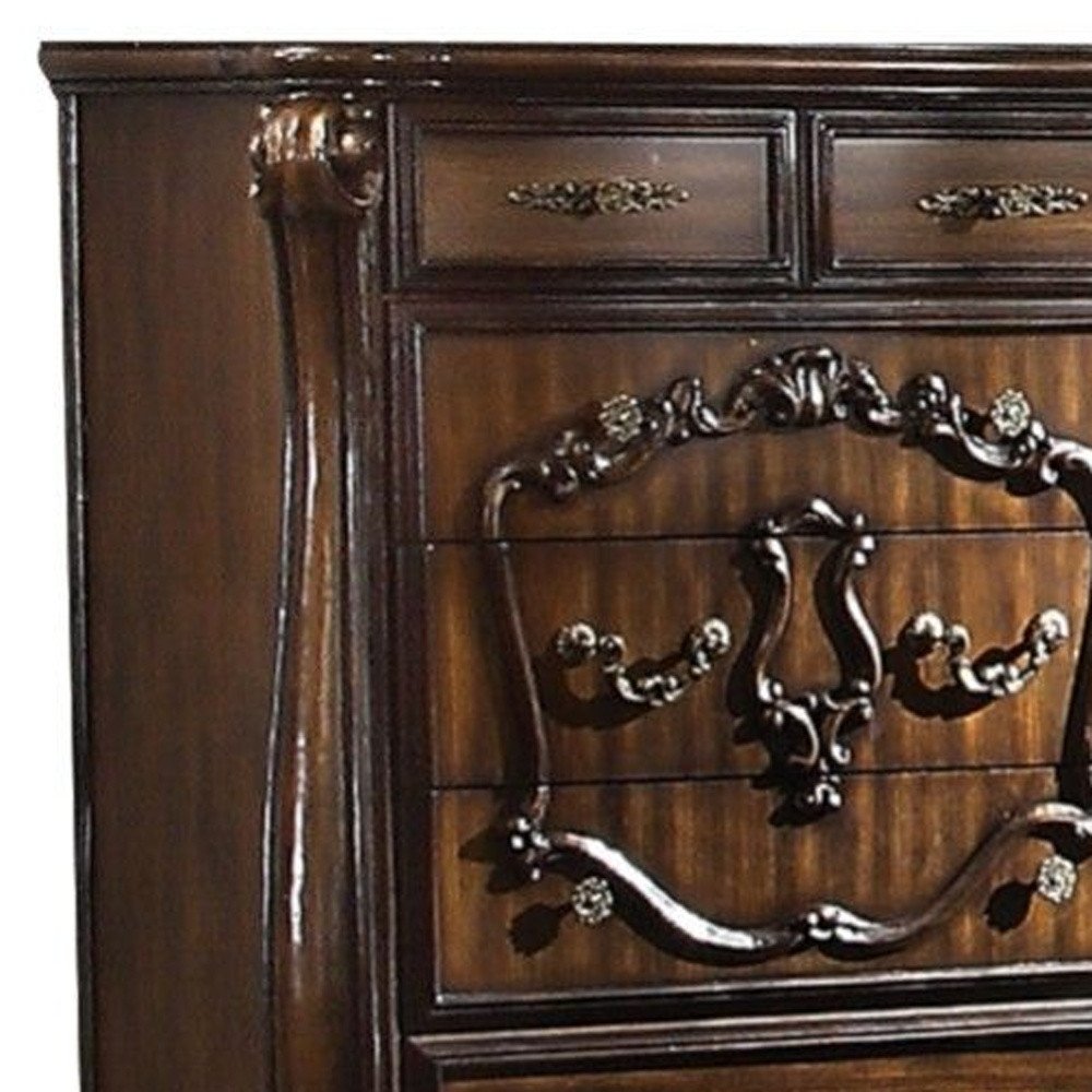 70" Cherry Oak Solid Wood Five Drawer Combo Dresser