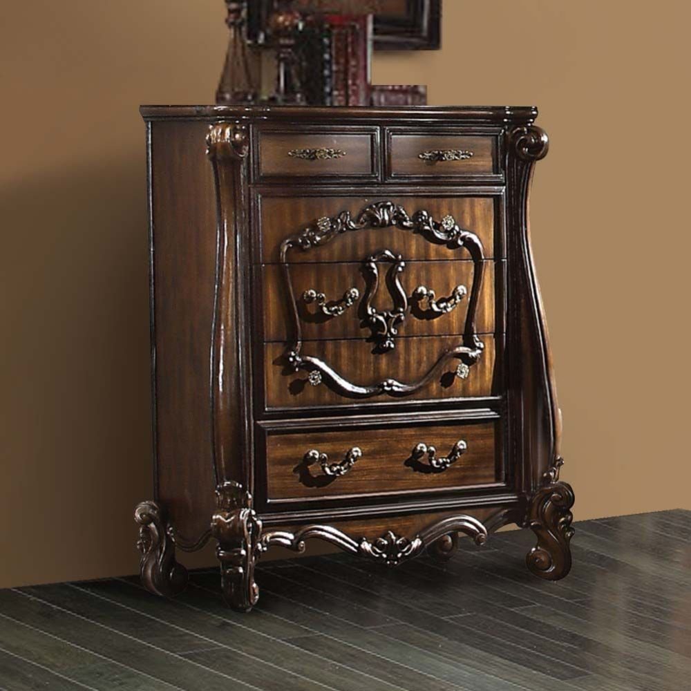70" Cherry Oak Solid Wood Five Drawer Combo Dresser