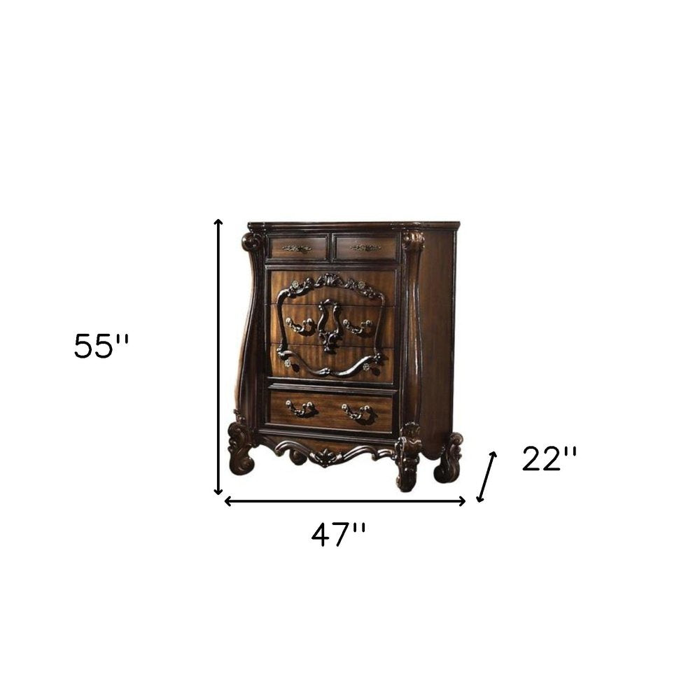 70" Cherry Oak Solid Wood Five Drawer Combo Dresser