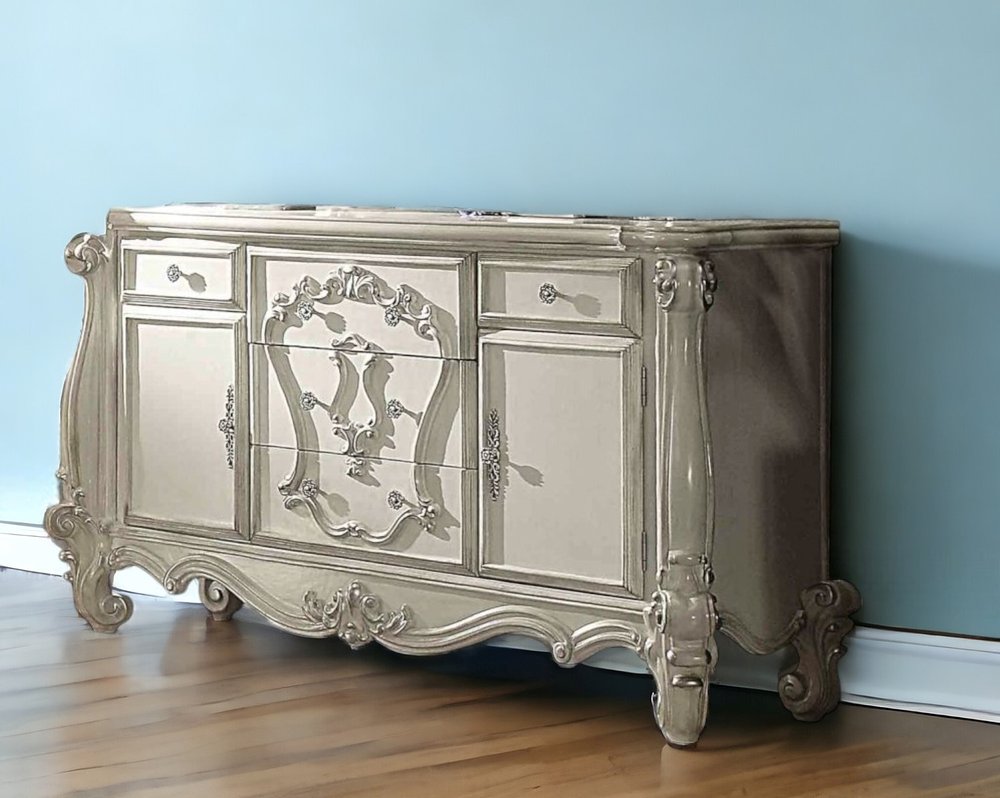 Cómoda de madera maciza blanca hueso de 70" con seis cajones