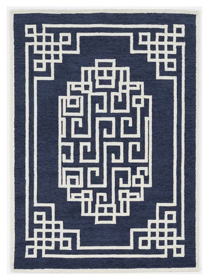 9' X 12' Navy Blue And Ivory Wool Geometric Hand Tufted Area Rug