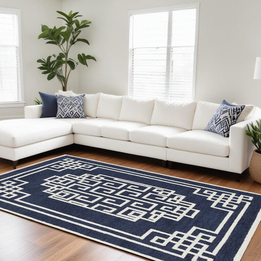 9' X 12' Navy Blue And Ivory Wool Geometric Hand Tufted Area Rug