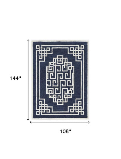 9' X 12' Navy Blue And Ivory Wool Geometric Hand Tufted Area Rug