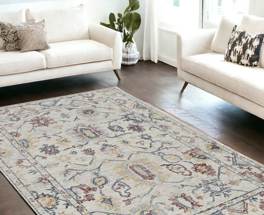 9' X 13' Ivory Gray And Red Wool Medallion Hand Tufted Area Rug