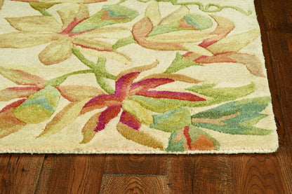 9' X 12' Ivory Green And Red Wool Tropical Botanical Hand Tufted Area Rug