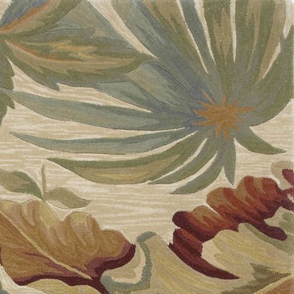 9' X 12' Ivory Green And Red Wool Tropical Botanical Hand Tufted Area Rug
