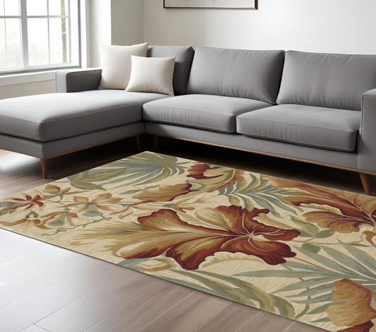9' X 12' Ivory Green And Red Wool Tropical Botanical Hand Tufted Area Rug