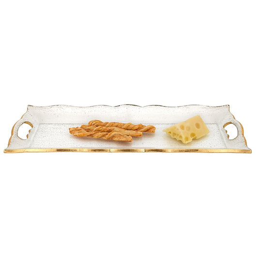 Bandeja para servir de vidrio transparente y dorado de 20" con asas