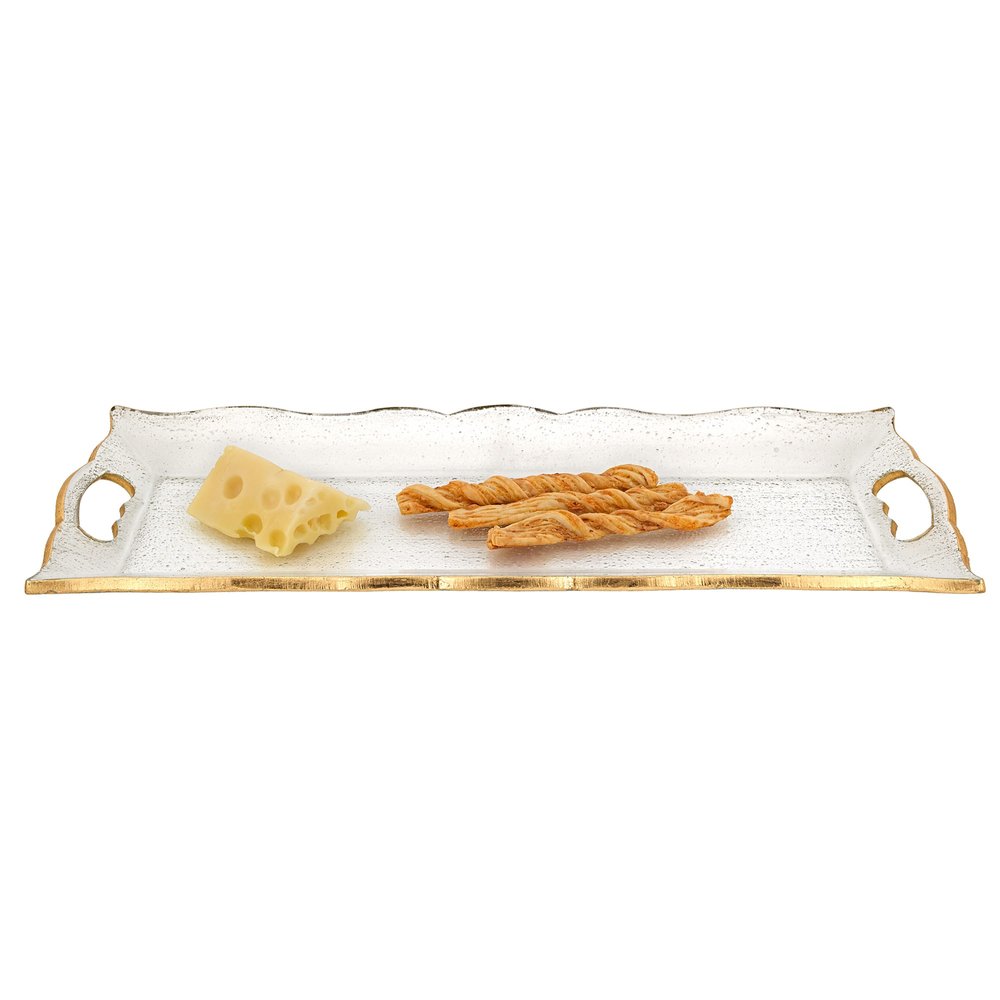Bandeja para servir de vidrio transparente y dorado de 20" con asas