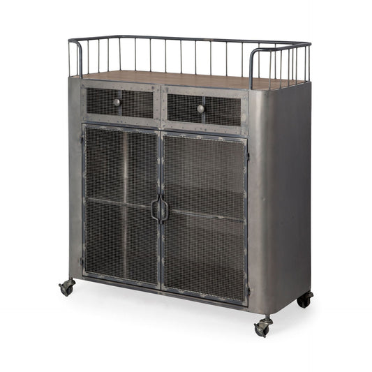 Carrito de bar con ruedas de 35" de acero gris, metal y madera