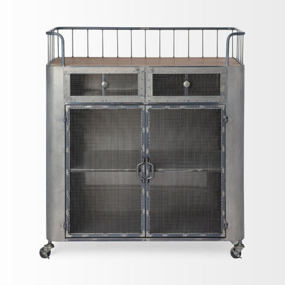 Carrito de bar con ruedas de 35" de acero gris, metal y madera