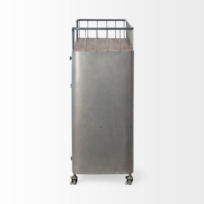 Carrito de bar con ruedas de 35" de acero gris, metal y madera