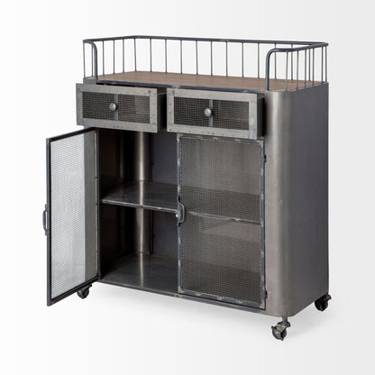 Carrito de bar con ruedas de 35" de acero gris, metal y madera