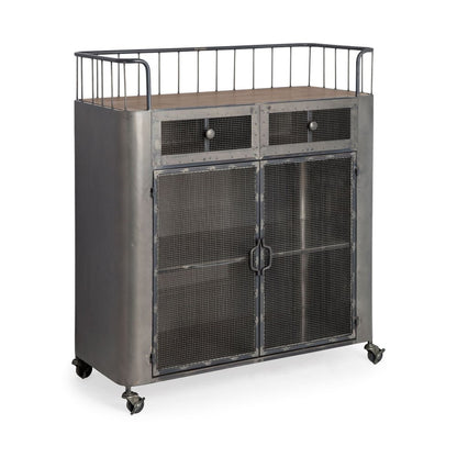 Carrito de bar con ruedas de 35" de acero gris, metal y madera