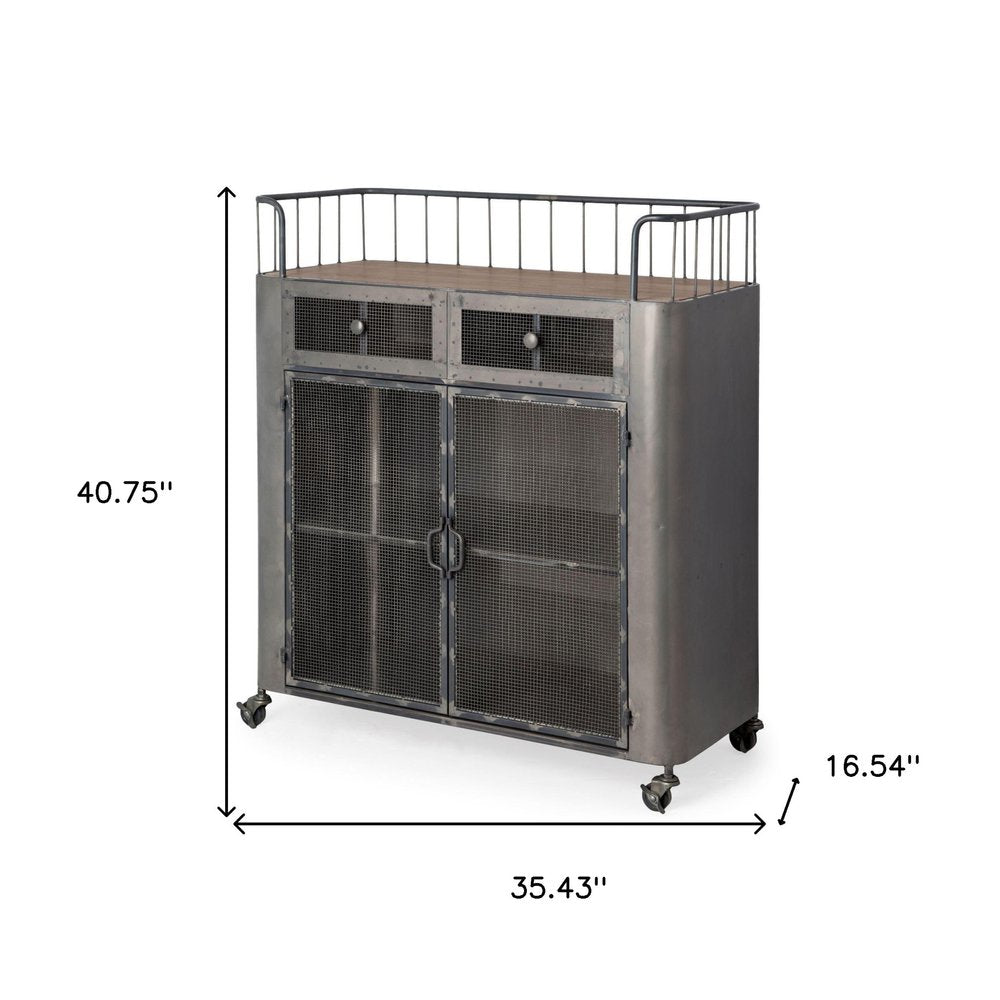 Carrito de bar con ruedas de 35" de acero gris, metal y madera