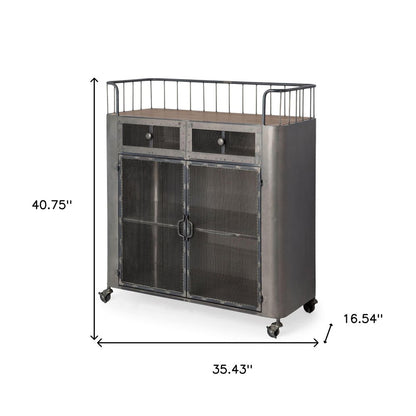 Carrito de bar con ruedas de 35" de acero gris, metal y madera