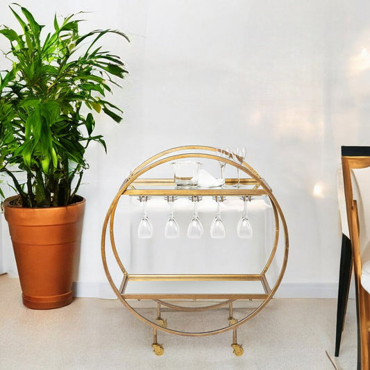 Carrito de cocina redondo con ruedas y almacenamiento, dorado, de 36"