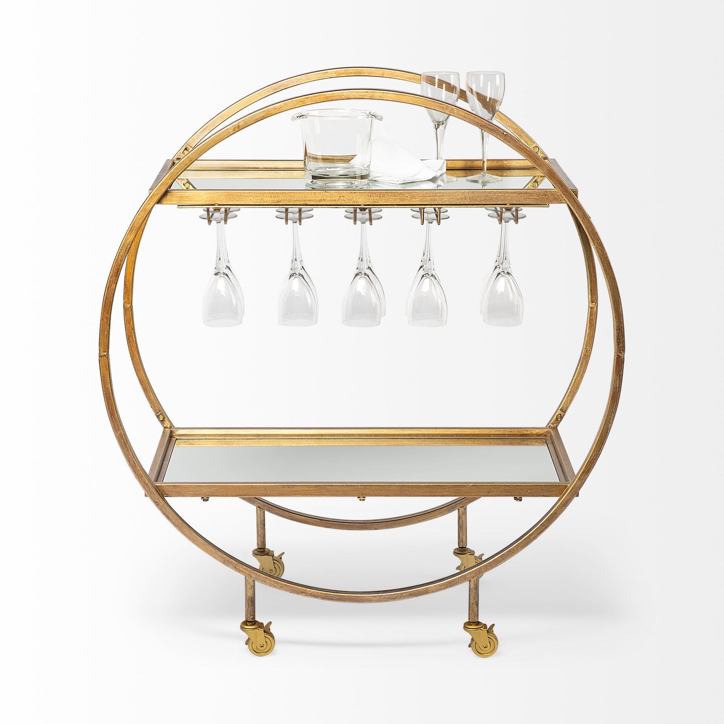 Carrito de cocina redondo con ruedas y almacenamiento, dorado, de 36"