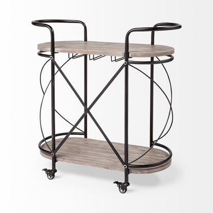 Carrito de bar Cyclider de metal negro con dos estantes de madera